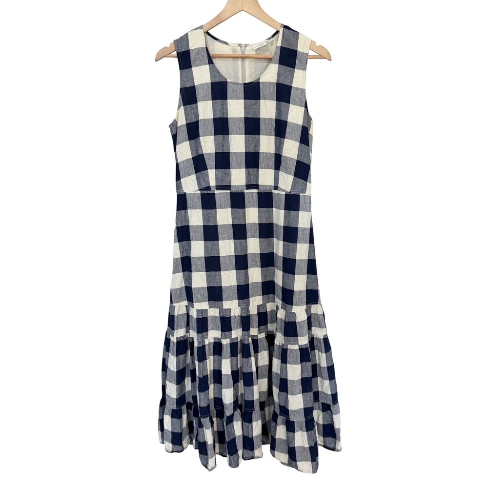 JW Anderson Uniqlo Dress M Navy Gingham Cotton Linen Tiered Midi